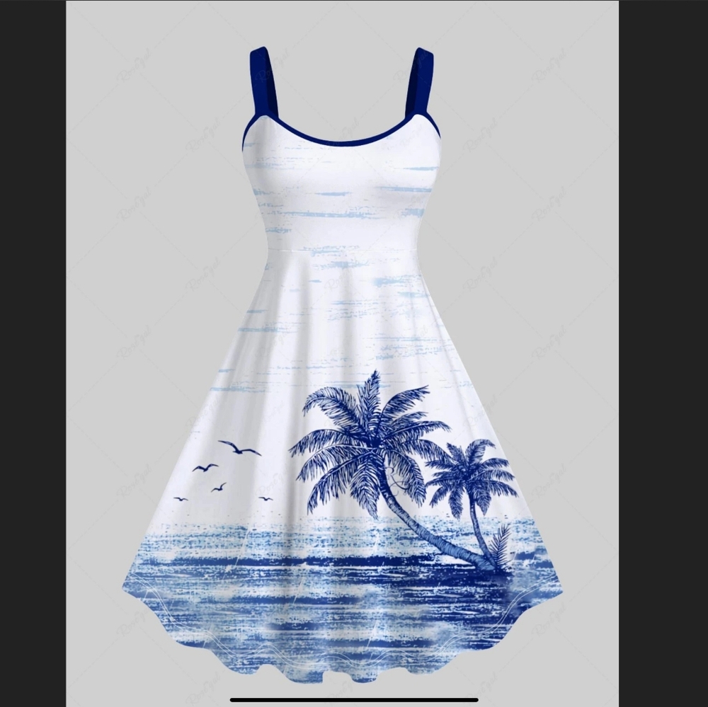 Tropical Sea Coconut Tree Seagull Cloud Print Hawaii Tank Dress - White blue xl